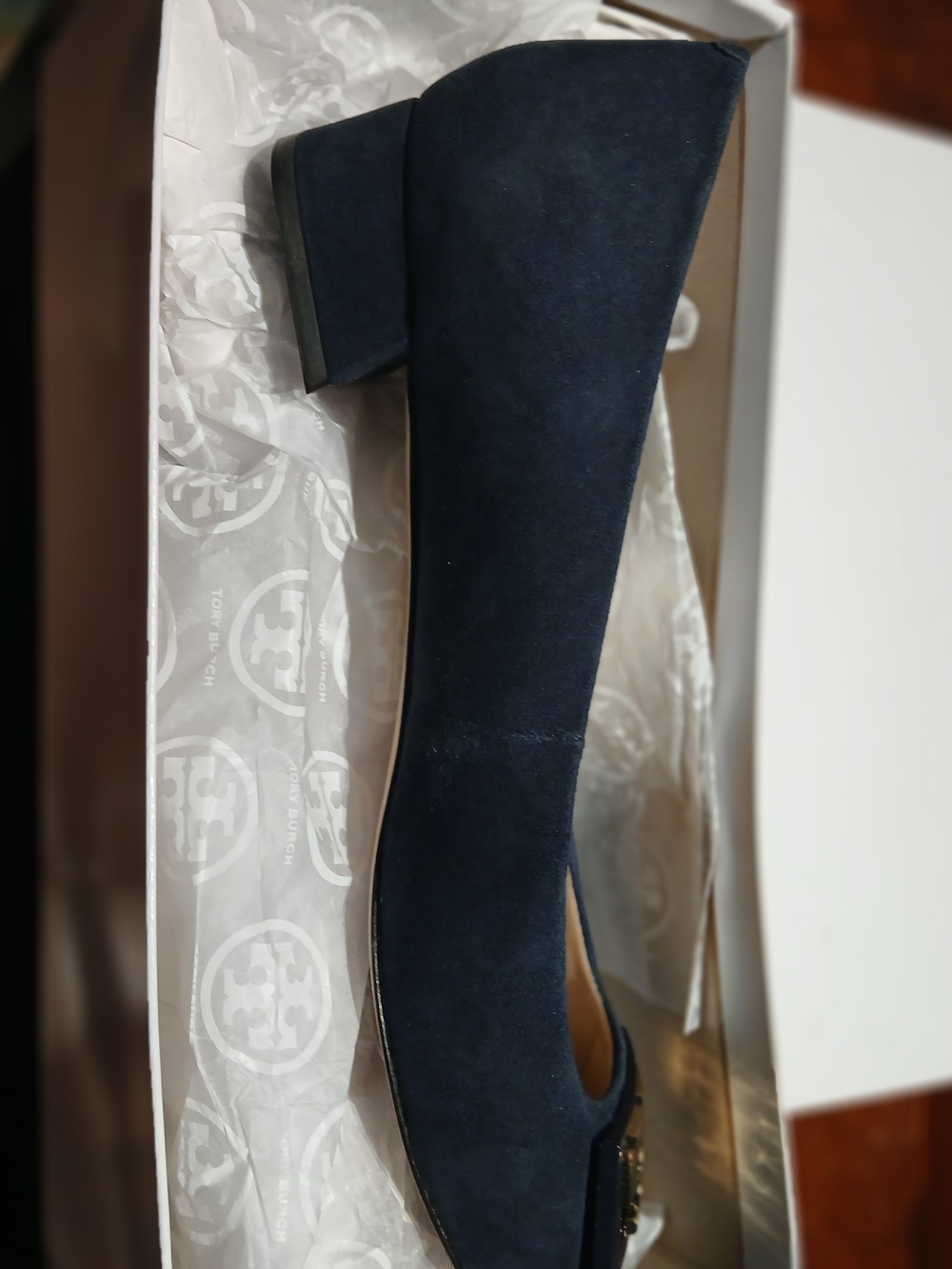 Tory Burch Navy Suede Block Heel Pump